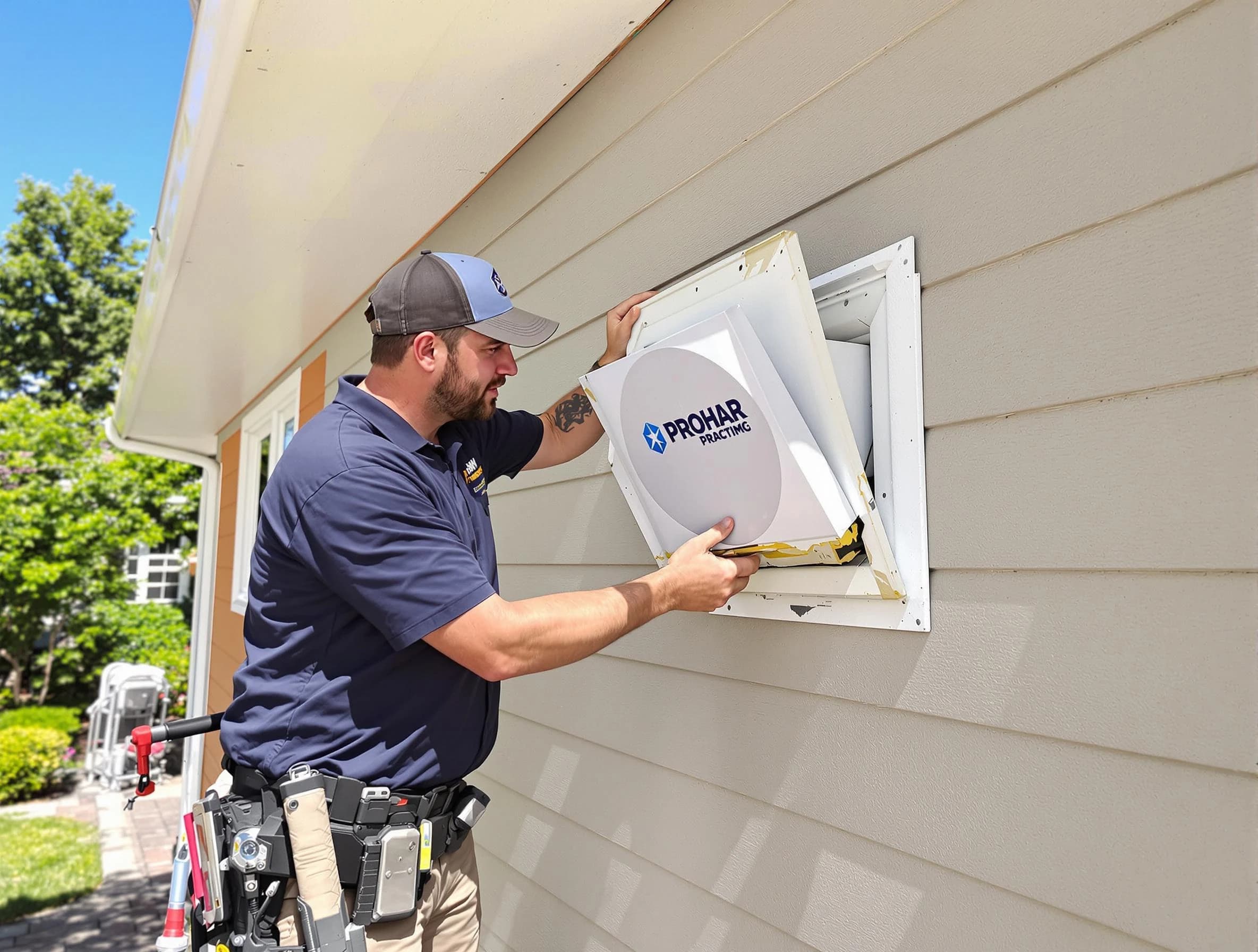 Gresham Park Dryer Vent Cleaning technician installing a new protective dryer vent cover on a home in Gresham Park