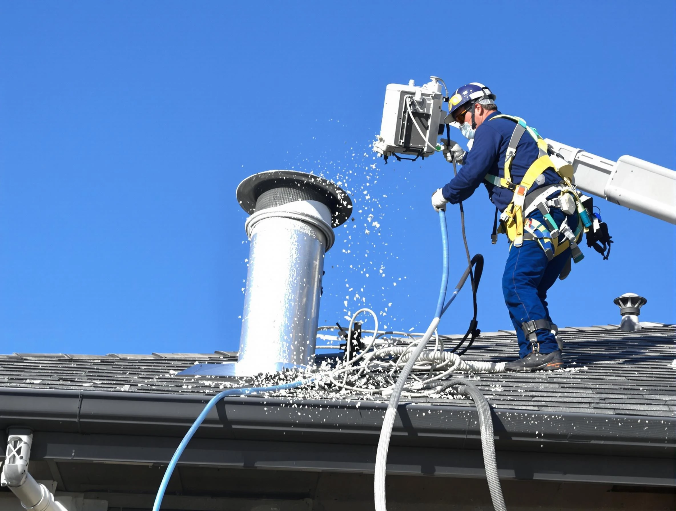 Gresham Park Dryer Vent Cleaning certified technician safely cleaning a roof-mounted dryer vent in Gresham Park